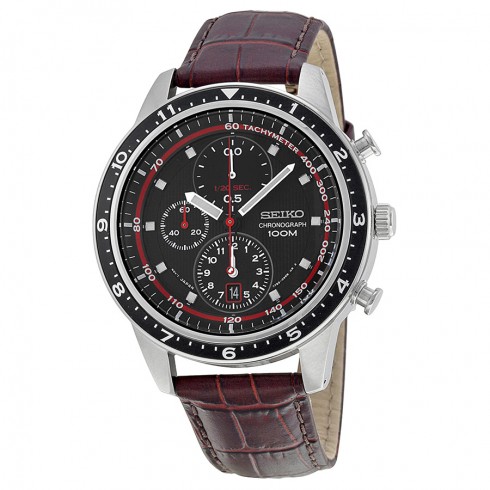 Seiko Chronograph Black and Red Dial Brown Leather Men's Watch SNDF45 watches