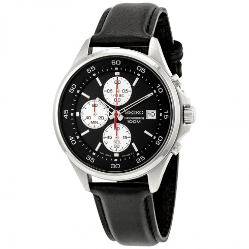 Seiko Chronograph Black Dial Black Leather Men's Watch SKS485 watches