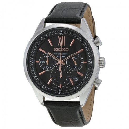 Seiko Chronograph Black Dial Black Leather Men's Watch SSB159 watches