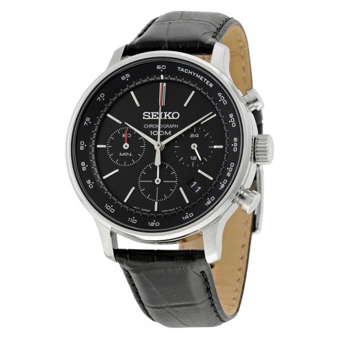 Seiko Chronograph Black Dial Black Leather Men's Watch SSB171 watches
