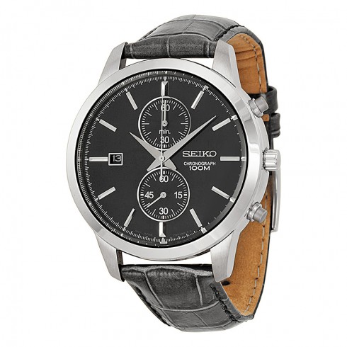 Seiko Chronograph Black Dial Black Leather Men's Watch SNN275P2 watches