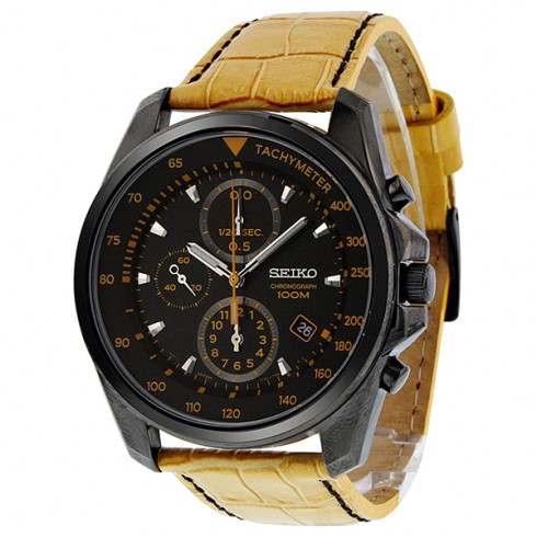 Seiko Chronograph Black Dial Black PVD Tan Leather Men's Watch SNDD69 watches