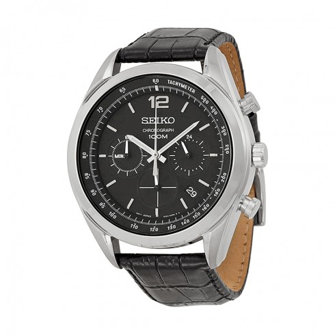 Seiko Chronograph Black Dial Stainless Steel Black Leather Men's Watch SSB097 watches