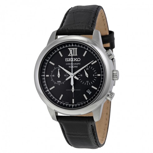 Seiko Chronograph Black Dial Black Leather Men's Watch SSB139P2 watches