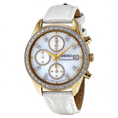 Seiko Chronograph Mother of Pearl White Leather Strap Ladies Watch SNDX74 watches