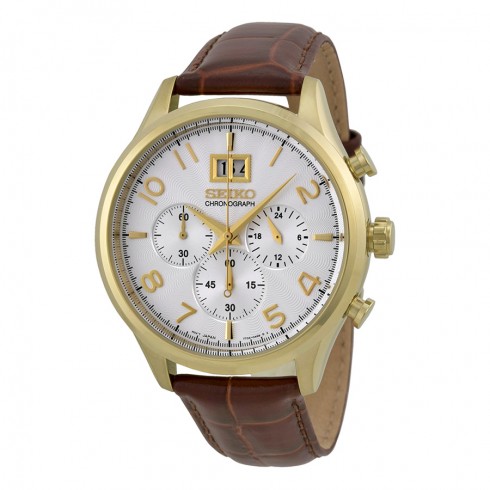 Seiko Chronograph Silver Dial Brown Leather Men's Watch SPC088 watches