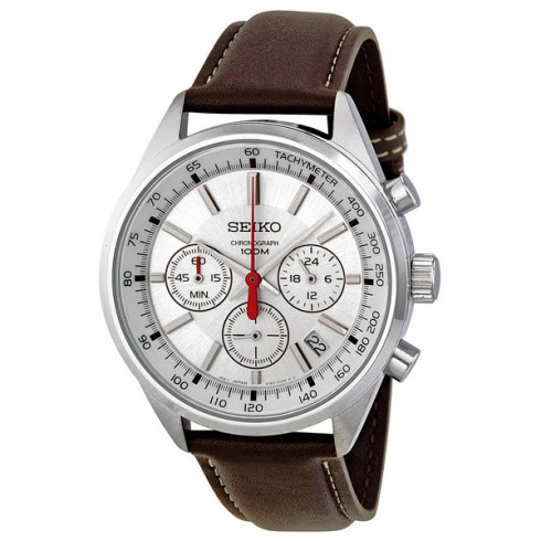 Replica Seiko Chronograph Silver Dial Brown Leather Strap Men's Watch SSB035P2 Watch