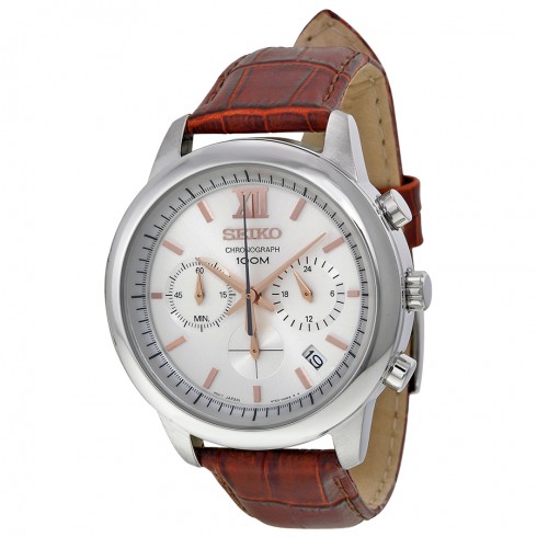 Seiko Chronograph Silver White Dial Brown Leather Men's Watch SSB143 watches