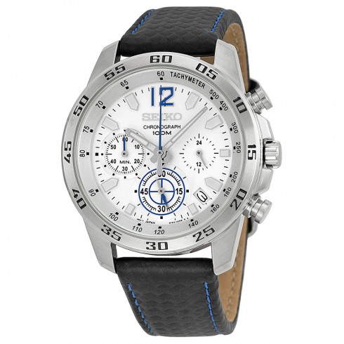 Seiko Chronograph White Dial Black Leather Men's Watch SSB133 watches