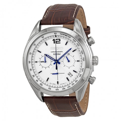 Seiko Chronograph White Dial Stainless Steel Brown Leather Men's Watch SSB095 watches