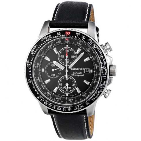 Seiko Flight Black Dial Chronograph Leather Strap Men's Watch SSC009P3 watches
