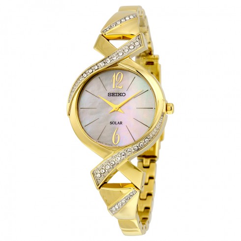 Seiko Gold-Tone Stainless Steel Solar Swarovski Crystal Bangle Ladies Watch SUP266 watches