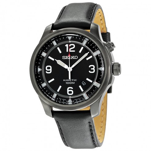Seiko Kinetic Black Dial Black Leather Men's Watch SKA709 watches