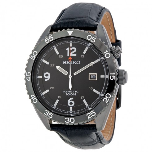 Seiko Kinetic Black Dial Black Leather Men's Watch SKA621 watches