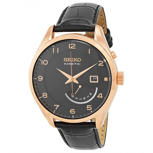 Seiko Kinetic Black Dial Rose Gold-tone Black Leather Men's Watch SRN054 watches