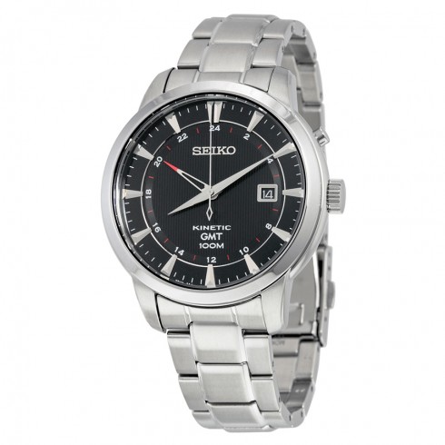 Seiko Kinetic GMT Black Dial Black Leather Men's Watch SUN033 watches