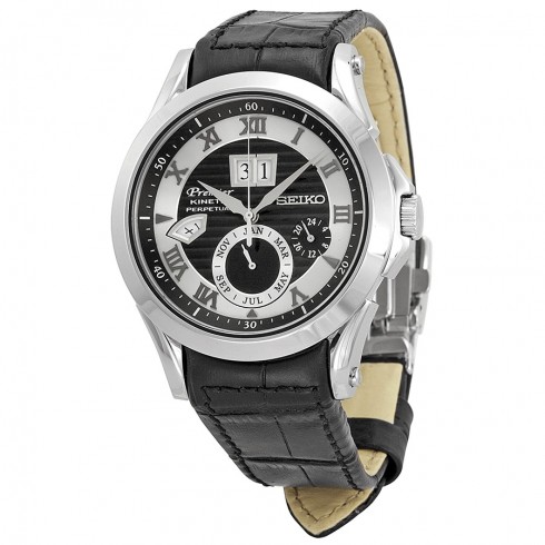 Seiko Kinetic Premier Perpetual Black and Silver Dial Black Leather Men's Watch SNP061 watches