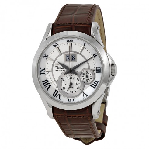 Seiko Kinetic Premier Silver Dial Brown Leather Strap Men's Watch SNP0 watches