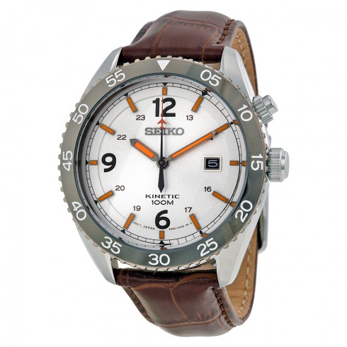 Seiko Kinetic Silver Dial Brown Leather Strap Men's Watch SKA619 watches