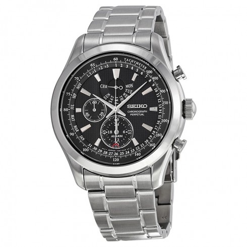 Seiko Neo Classic Alarm Perpetual Black Dial Stainless Steel Men's Watch SPC125 watches