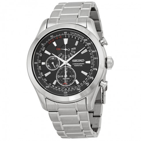 Seiko Neo Classic Alarm Perpetual Black Dial Stainless Steel Men's Watch SPC127 watches