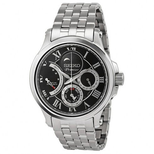 Seiko Premier Black Dial Multifunction Moonphase Kinetic Drive Men's Watch SRX005 watches