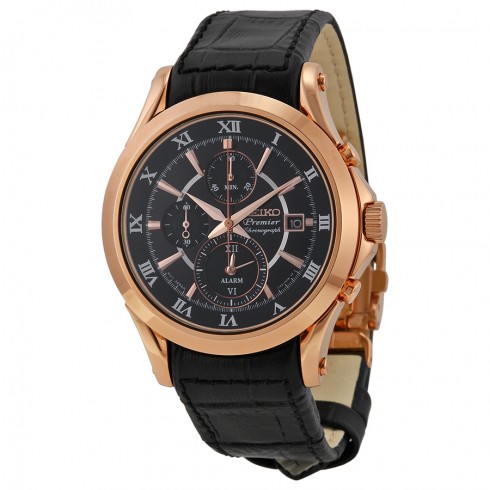 Seiko Premier Chronograph Black Dial Black Leather Men's Watch SNAF24P1 watches