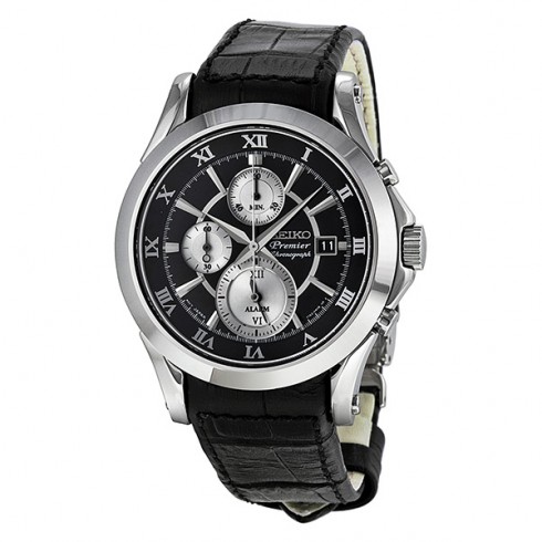 Seiko Premier Chronograph Black Dial Black Leather Men's Watch SNAD29 watches