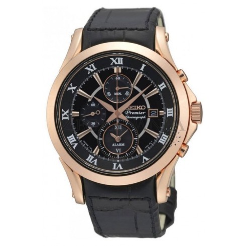 Seiko Premier Chronograph Black Dial Black Leather Men's Watch SNAF24P1 watches