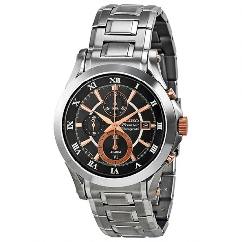 Seiko Premier Chronograph Black Dial Rose Gold PVD Men's Watch SNAF20 watches