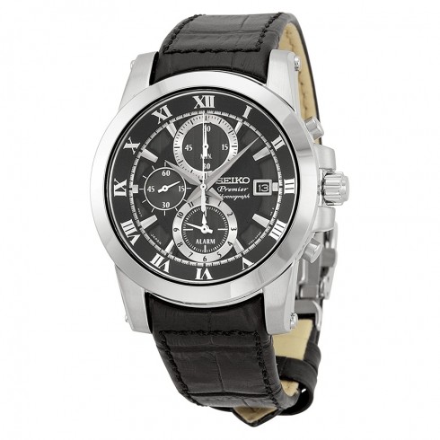 Seiko Premier Chronograph Black Dial Stainless Steel Black Leather Men's Watch SNAF31P2 watches