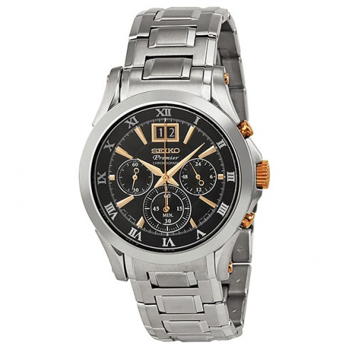 Replica Seiko Premier Chronograph Black Dial Stainless Steel Quartz Men's Watch SPC064 Watch