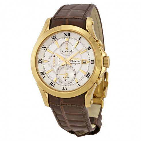 Seiko Premier Chronograph Silver Dial Brown Leather Men's Watch SNAF22P1 watches