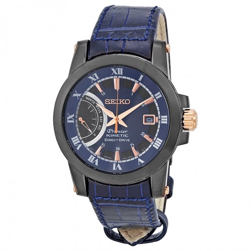 Seiko Premier Kinetic Blue Black Dial Blue Leather Men's Watch SRG012 watches