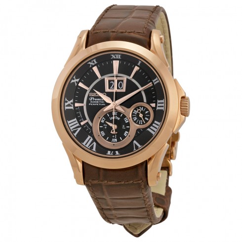 Seiko Premier Kinetic Perpetual Calendar Chronograph Black Dial Brown Leather Men's Watch SNP038 watches