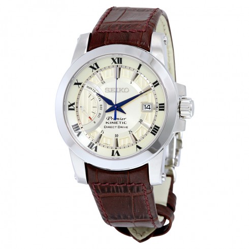 Seiko Premier Kinetic Silver Dial Brown Leather Men's Watch SRG013 watches