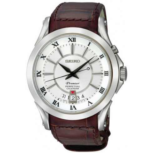 Seiko Premier Perpetual Silver Dial Brown Leather Men's Watch SNQ105 watches