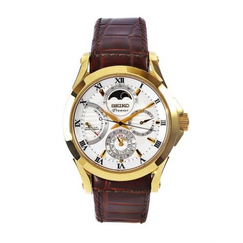 Seiko Premier White Dial Brown Leather Band Gold Stainless Steel Automatic Men's Watch SRX004 watches