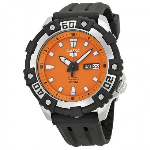 Seiko Series 5 Automatic Orange Dial Black Rubber Mend Watch SRP473 watches