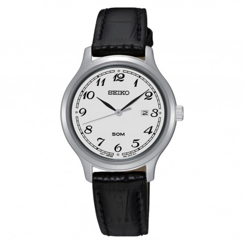 Seiko Silver Dial Black Leather Ladies Watch SUR775 watches
