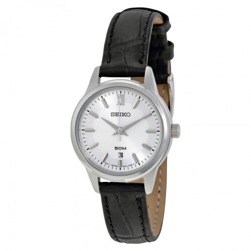 Seiko Silver Dial Black Leather Ladies Watch SUR891 watches