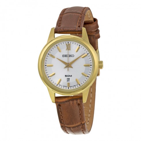 Seiko Silver Dial Brown Leather Ladies Watch SUR880 watches