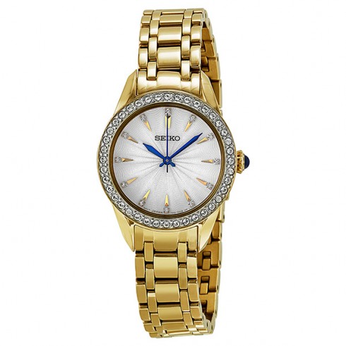 Seiko Silver Dial Gold-Tone Stainless Steel Crystals Ladies Watch SRZ386 watches