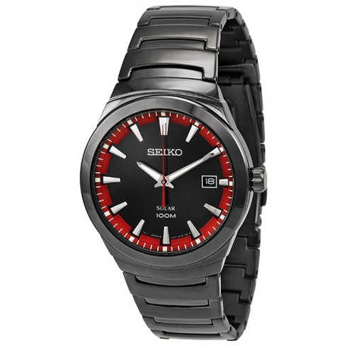Seiko Solar Black and Red Dial Grey PVD Stainless Steel Men's Watch SNE251 watches
