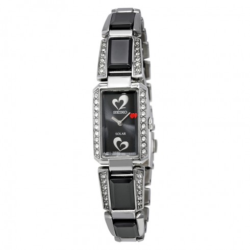 Replica Seiko Solar Black Dial Black Ceramic And Stainless Steel With Diamonds Ladies Watch SUP187 Watch