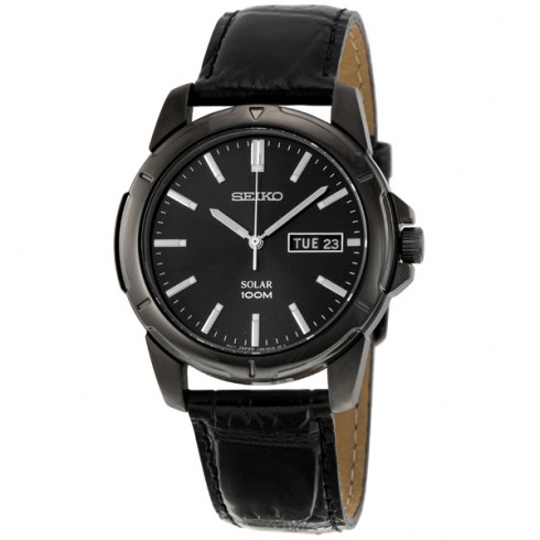 Seiko Solar Black Dial Black Leather Band Solar Men's Watch SNE097 watches