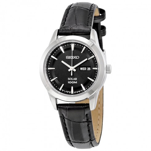 Seiko Black Dial Black Crocodile Leather Quartz Ladies Watch SUT161P2S watches