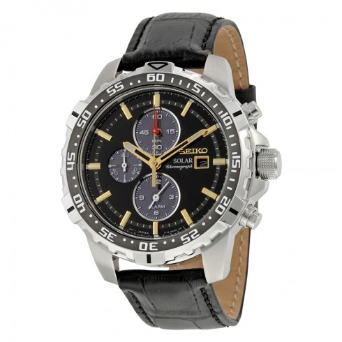Seiko Solar Chronograph Black Dial Black Leather Men's Watch SSC303 watches