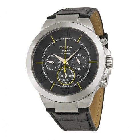 Seiko Solar Chronograph Black Dial Black Leather Men's Watch SSC285 watches
