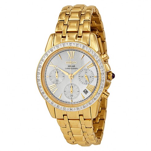 Seiko Solar Chronograph Mother of Pearl Dial Gold-tone Ladies Watch SSC890 watches
